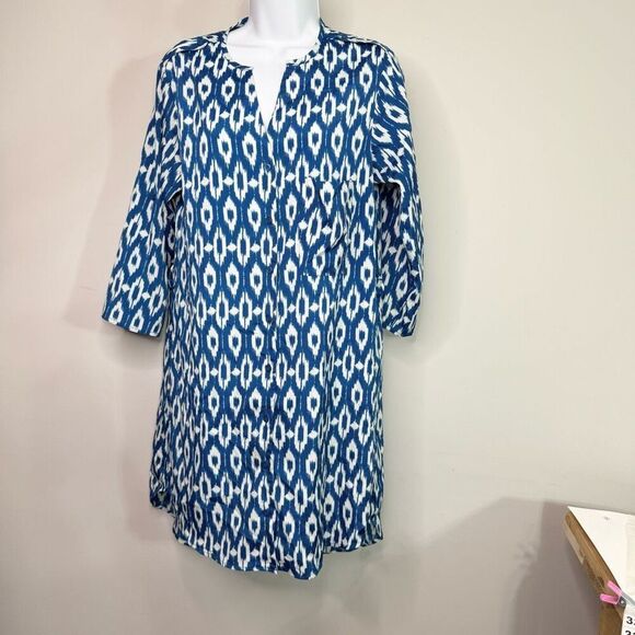 Maeve Tunic Dress Womens Small Blue Ikat Shirt Dress High Low 3/4 Sleeeve - Picture 1 of 11